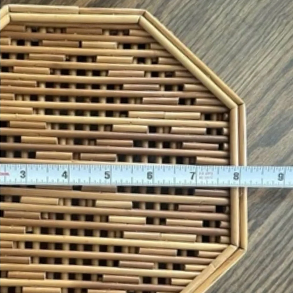 Vintage Octagonal Bamboo Tray Handwoven Boho Coastal Mid Century Decor 8.25”